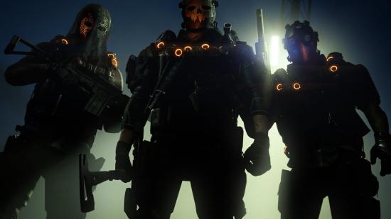 Three masked figures in military gear stand menacingly in front of a single spotlight illuminating the darkness surrounding them. The figure in the middle is holding a tactical hatchet.