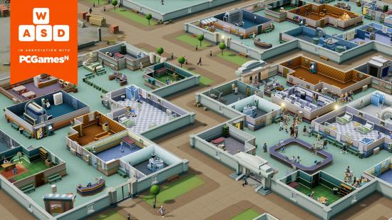 A screenshot from Two Point Hospital showing a large hospital layout, with an orange W.A.S.D. banner superimposed over the top left corner