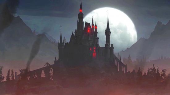 V Rising castle heart guide: a gothic castle on a hill with a full moon in the background