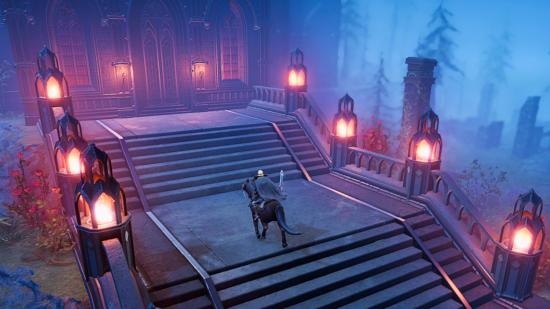 V Rising stairs update makes getting upstairs easier: person riding a horse up a large stair set