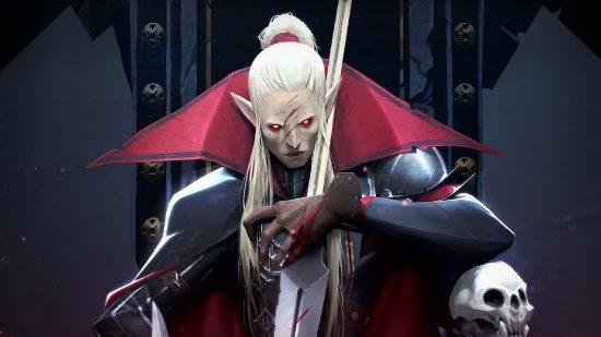 A closeup of a vampire character clutching a sword across their body