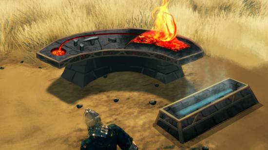 Valheim Mistlands forge: A curved stone table with a large pool of molten, flaming metal on the right connected via a narrow channel to a smaller circular pool carved into the left side