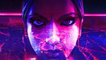 Vampire the Masquerade Swansong review: official artwork from developer Big Bad Wolf shows Emem, a glamorous Toreador vampire, gazing menacingly at the camera, her face translucent with Boston's cityscape beneath, all suffused in a purple glow