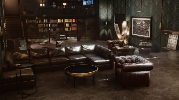 Vampire The Masquerade Swansong review: an official screenshot from Big Bad Wolf depicts a handsome if sterile apartment, the residence of a wealthy Boston banker; a lounge suite of glossy brown leather dominates the foreground, with bookshelves and abstract sculptures behind