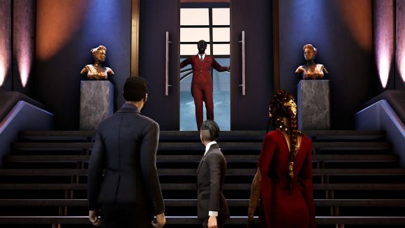 Vampire The Masquerade Swansong review: an official screenshot from Big Bad Wolf shows a red-suited and masked representative of the Camarilla, Boston's ruling vampiric sect, addressing the game's three protagonists from a set of double doors at the top of a short staircase