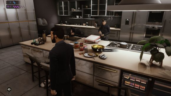 Vampire The Masquerade Swansong review: as Galeb, a vampire in a fine dark suit, the player explores a restaurant kitchen where there's been a recent murder; interaction prompts appear over a white countertop surface laden with crockery and food in the middle of preparation