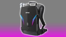 Zotac VR headset backpack PC with ghost emoji in back and purple backdrop