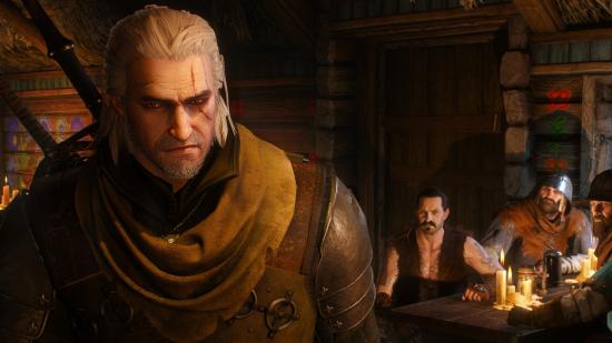 Geralt of Rivia frowns as he turns away from a table of rough-looking men at a pub. The Witcher 3's next-gen upgrade is coming out later this year.