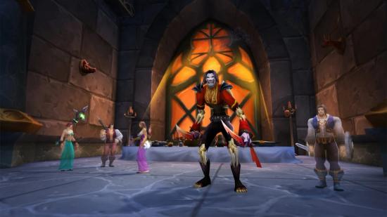 Ghostly characters stand in front of an orange-tinted cathedral window in World of Warcraft Classic
