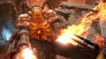 15 best PC first person shooters: An angry demon firing flamethrowers on each arm in Doom Eternal