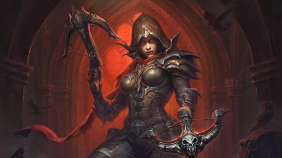 Best Diablo Immortal Demon Hunter build: a woman wearing dark armour and a hood is posing with her two crossbow weapons, each one with a skull on it.