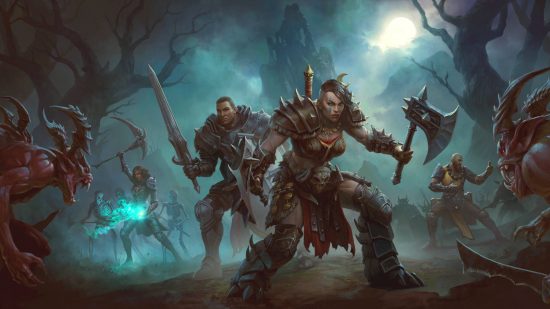 Best Diablo Immortal items: several humans are fighting against demons in the middle of a foggy woodland.