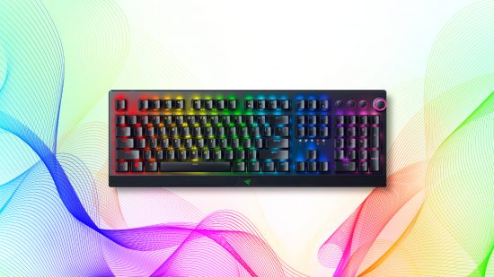 Razer BlackWidow V3 Pro wireless mechanical keyboard on a multi-coloured backdrop