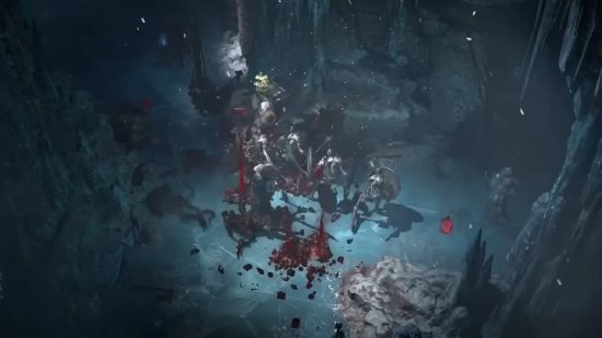 Diablo 4 Necromancer-プレーヤーと彼の多くの骨格の手下は、凍った洞窟の中でモンスターと戦っています。