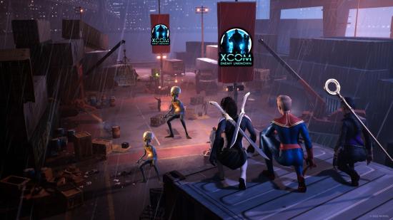 XCOM 3: Marvel superheroes look over a warehouse where XCOM aliens have been photoshopped in