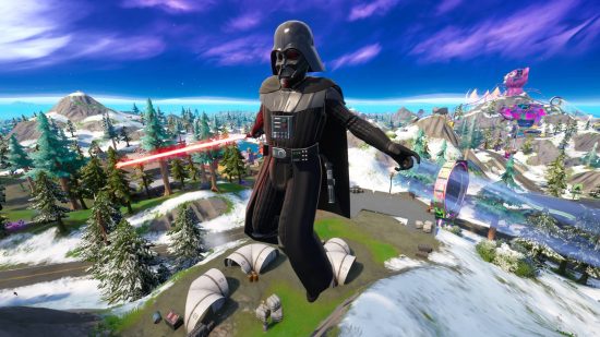 Fortnite Darth Vader: Vader is leaping high into the air with his lightsaber drawn. His aim is to catch up to a player.