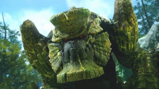 Monster Hunter Rise Sunbreak monsters: a Garangolm staring into the camera. This monster is an ape with moss-covered rocks around its face and arms.