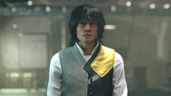 Starfield backgrounds: a male character with shoulder-length black hair, wearing a waistcoat with a yellow sash.