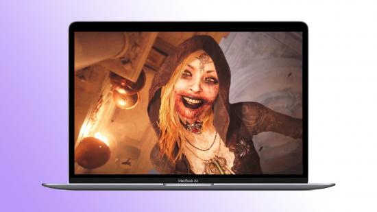 Apple DLSS: Macbook with Resident Evil Village Lady Dimitrescu Daughter daughter on screen with purple backdrop