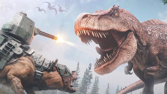 Ark Andrewsarchus promo image firing at a t-rex