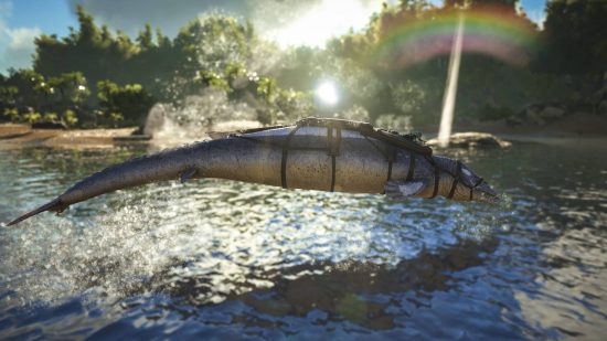 Ark console commands and cheats - admin code list - dinosaur jumping through air above water