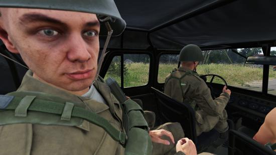 Arma Reforger update: A Russian soldier looks out from the back seat of a jeep in Arma Reforger.