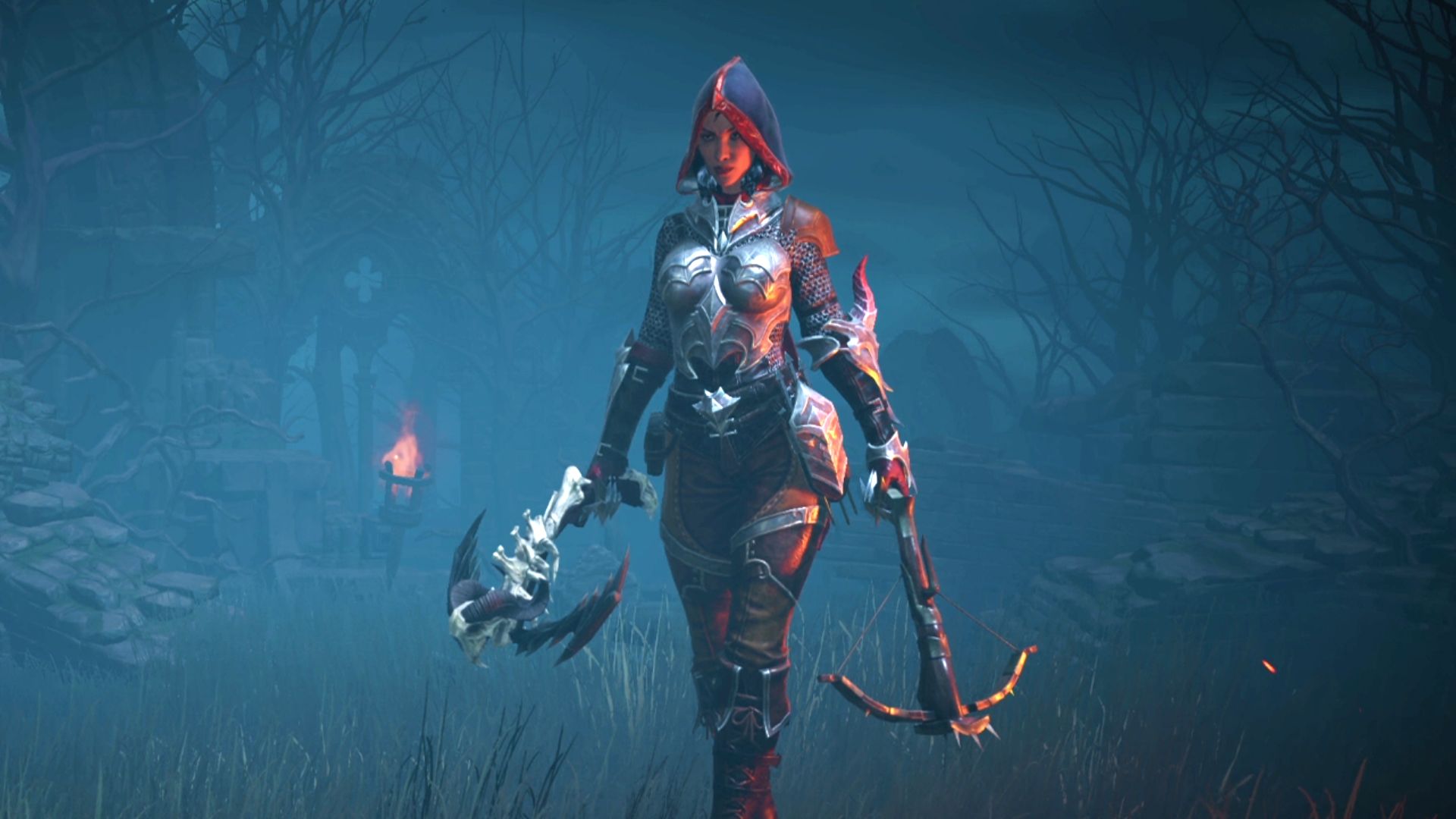 Best Diablo Immortal builds: a Demon Hunter wearing endgame armour and holding two crossbows.
