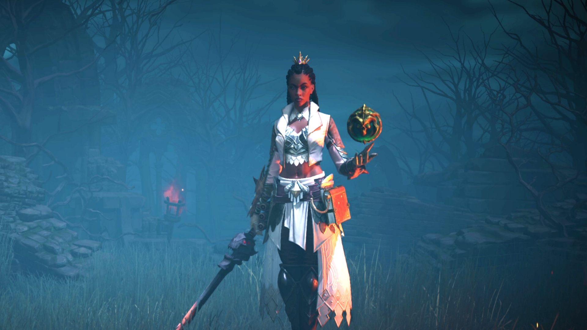 Best Diablo Immortal builds: a female Wizard wearing endgame armour, while holding a sword and floating an orb with her other hand.