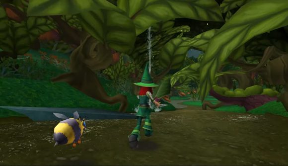 Best MMORPG games: Wizard101. Image shows a lady wizard running through the woods, followed by a large bee.