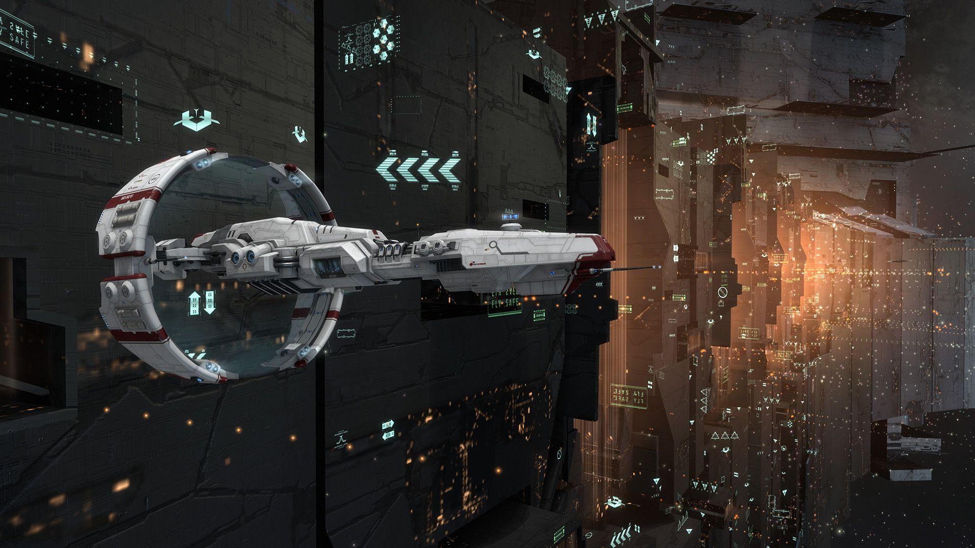 Best space games: EVE Online. Image shows a spaceship flying near a large space station.