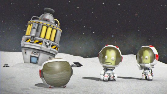 Best space games: Comical looking astronauts standing near a spaceship on the surface of a moon in Kerbal Space Program.