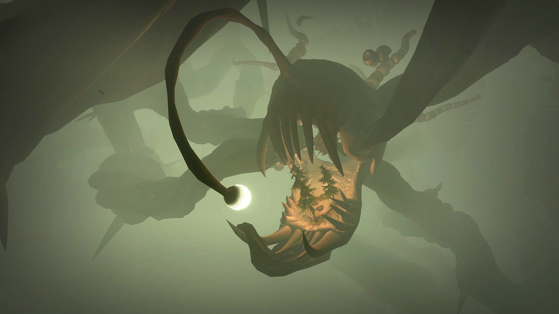 Best space games: Outer Wilds. Image shows a forest in a rock formation that looks like an angler fish.