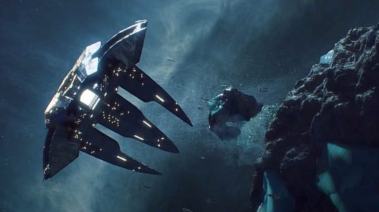 Best space games: A spaceship avoiding a large space rock in Stellaris.