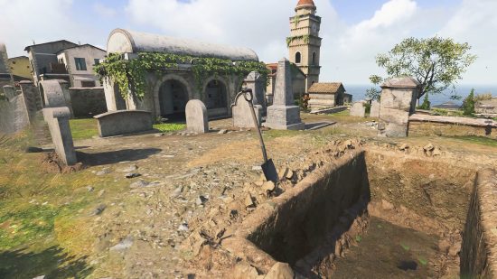 Call of duty Warzone buried treasure shovel locations: inside a graveyard looking at a shovel next to an open grave