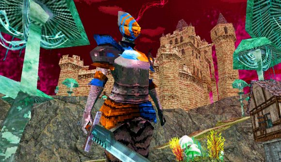 Dread Delusion is a vibrant take on Morrowind - an armoured figure stands in front of a castle and giant mushrooms