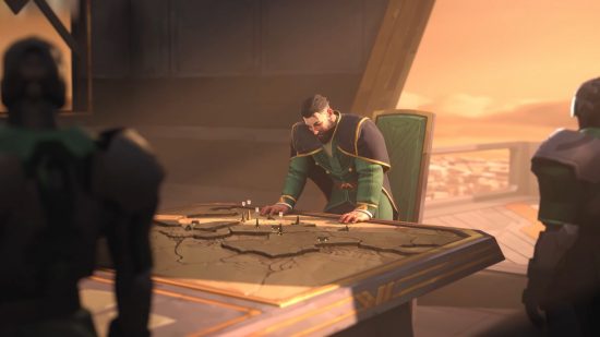 Dune: Spice Wars multiplayer: Duke Atreides stands over a table with a large map of Arrakis as two guards look on.
