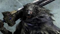 Elden Ring best mods: Blaidd, a wolfman with a thick mane of grey fur and a ragged blue cloak above a full suit of armour wielding his enormous greatsword as rain falls from a grey sky.
