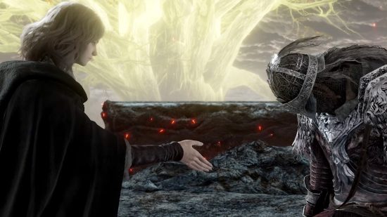 Best Elden Ring Mods: the maiden offering her hand to an exhausted soldier.