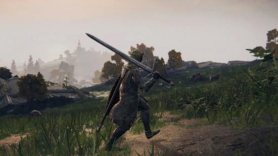 Elden Ring Survival Mode: A Tarnished warrior in chain mail carries a claymore over his shoulder as the sun begins to set over the Lands Between