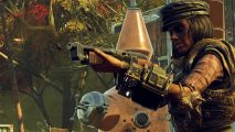 Fallout 76 - Test Your Metal update: A woman in raider armour fires a shotgun, and a spent shell is ejected from the port