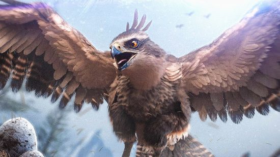 Ark Fjordhawk: el fjordhawk en sí, alas extendidas, descendiendo a su nido de huevos con un cielo claro detrás de él