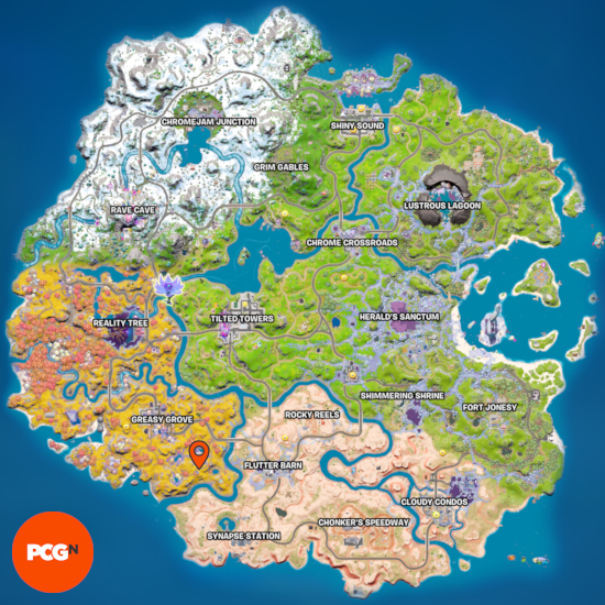 Fortnite Darth Vader - a map of the Fortnite island, showing the location of Darth Vader with an orange pin.