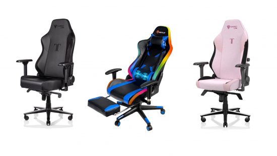 Gaming chairs to match your setup - three gaming chairs are seen standing in a row, one black, one with RGB lights, and one white.