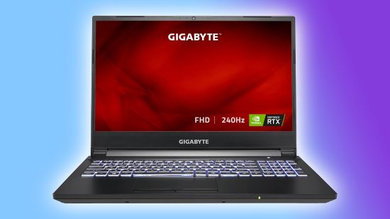 Gigabyte A5 XI gaming laptop on blue backdrop