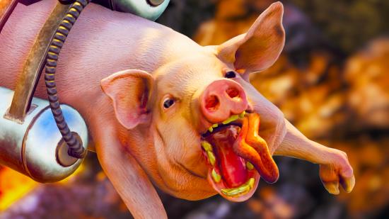 Goat Simulator 3 system requirements: pig with jetpack flying with mouth open