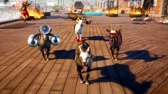 Goat Simulator sequel: a quartet of mischievous goats stare at the camera from the wooden planks of a boardwalk