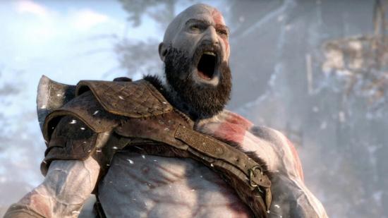 Kratos screams while standing on a snowy mountain