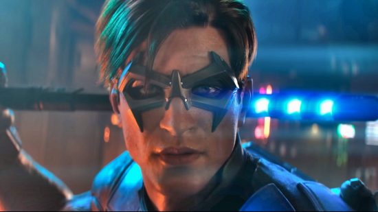 Gotham Knights skins: Nightwing looking at the camera with a mask on and holding his baton against the back of his head. The edges are lit up.