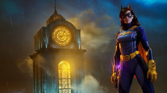 Gotham Knights styles: Batgirl is wearing a purple and yellow outfit with a small mask barely obscuring her face. She is standing on a rooftop in the rain and a church tower is in the background.
