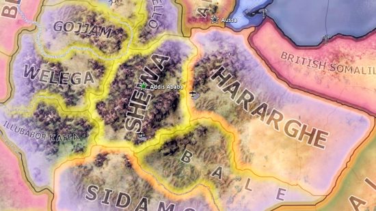 Hearts of Iron 4's reworked Ethiopia map, with provinces outlined with yellow borders